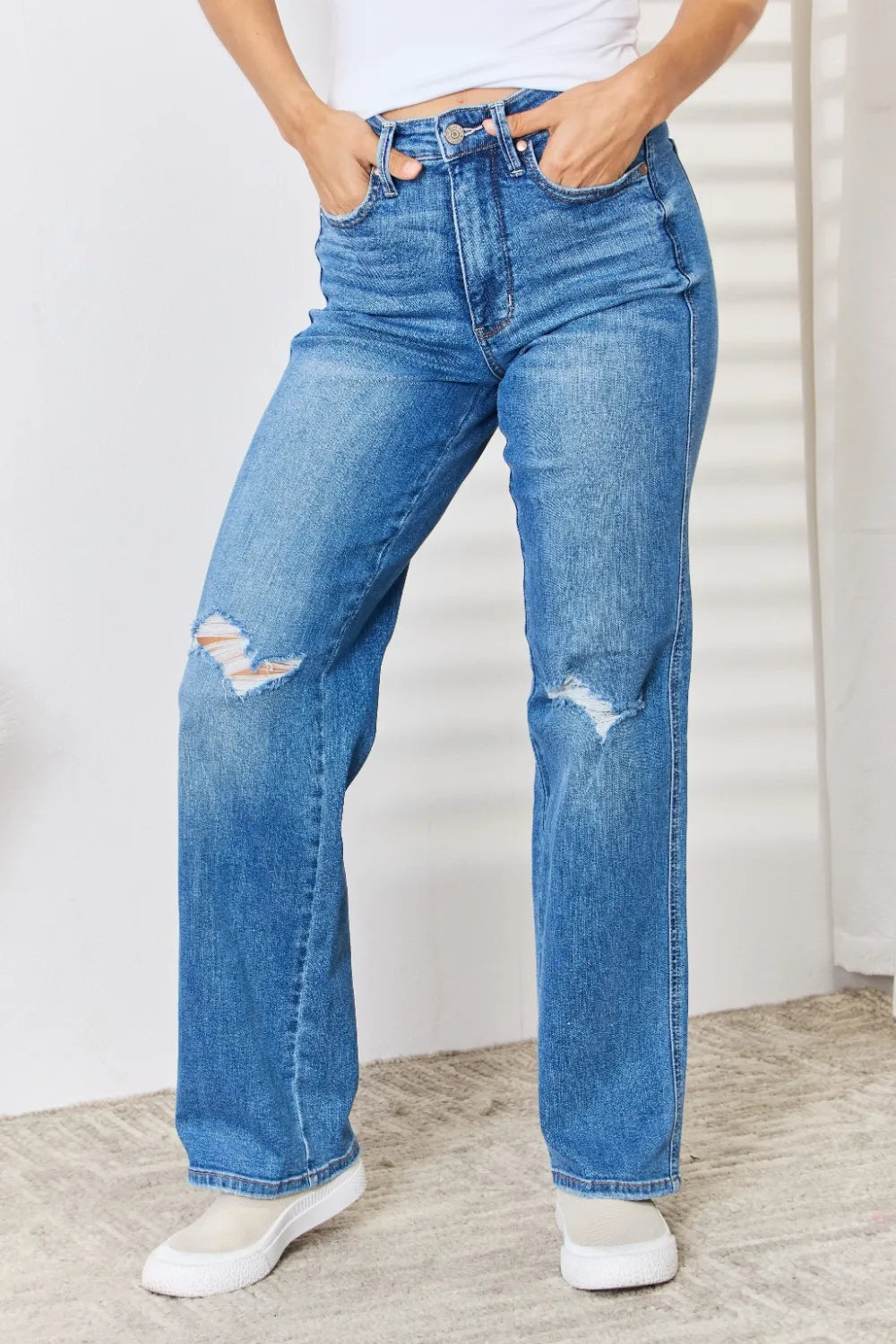 Judy Blue Full Size High Waist Distressed Straight-Leg Jeans - kinko