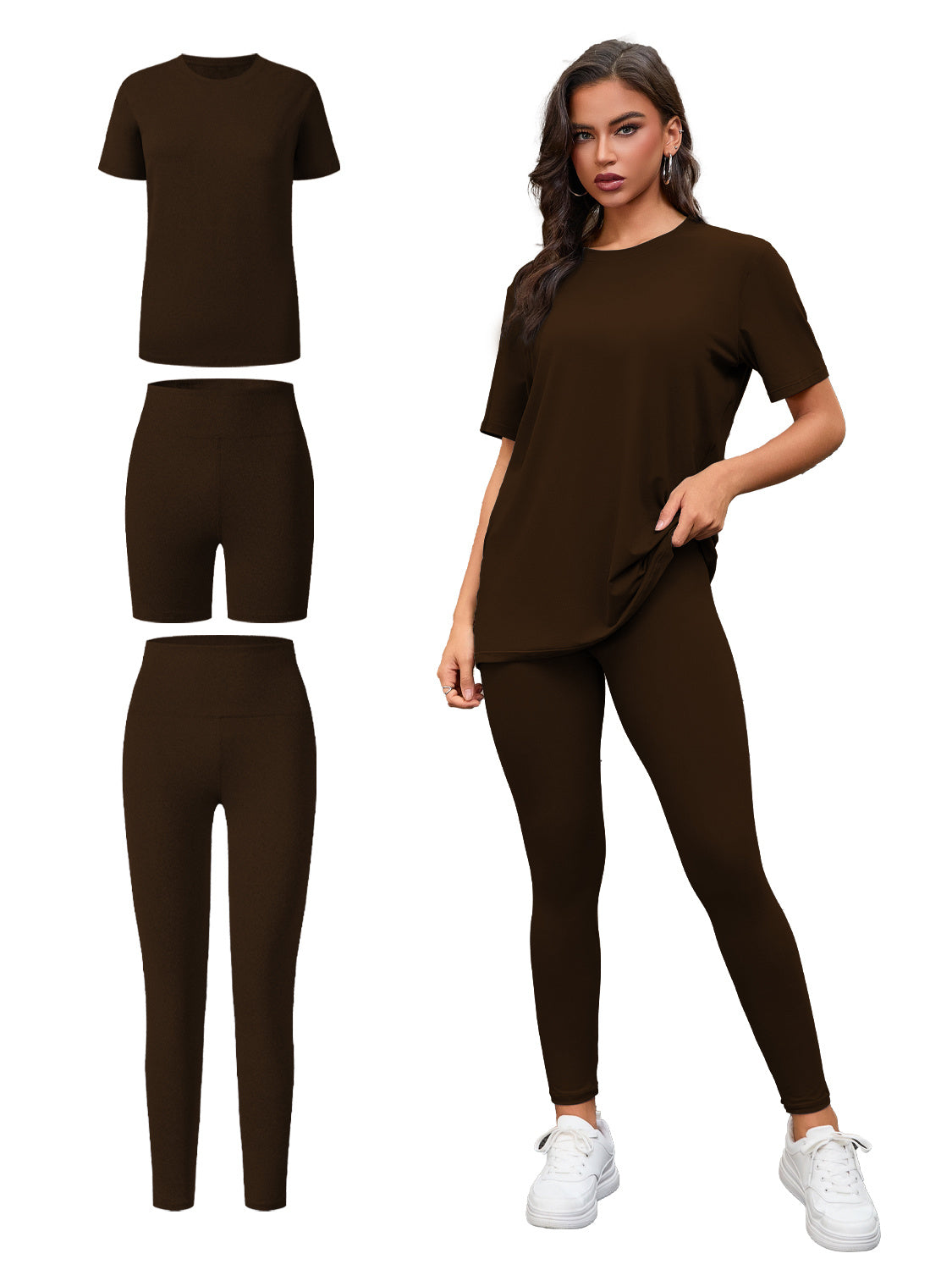 Three Piece Set, Round Neck Short Sleeved Top And Shorts And Pants Set, Sports And Casual Clothing - kinko