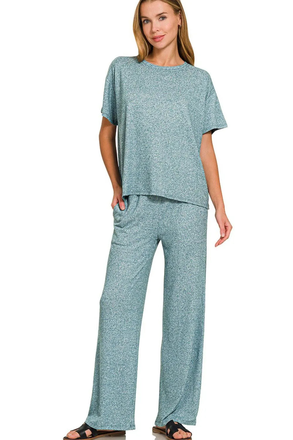 Zenana Soft Melange Short Sleeve Tee & Long Pants Set - kinko