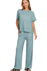 Zenana Soft Melange Short Sleeve Tee & Long Pants Set - kinko