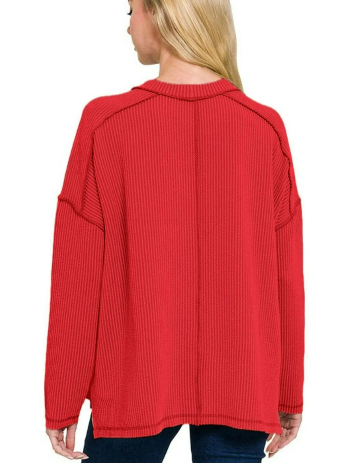 Zenana Full Size Exposed Seam Long Sleeve Corded Rib Knit Top Plus Size - kinko