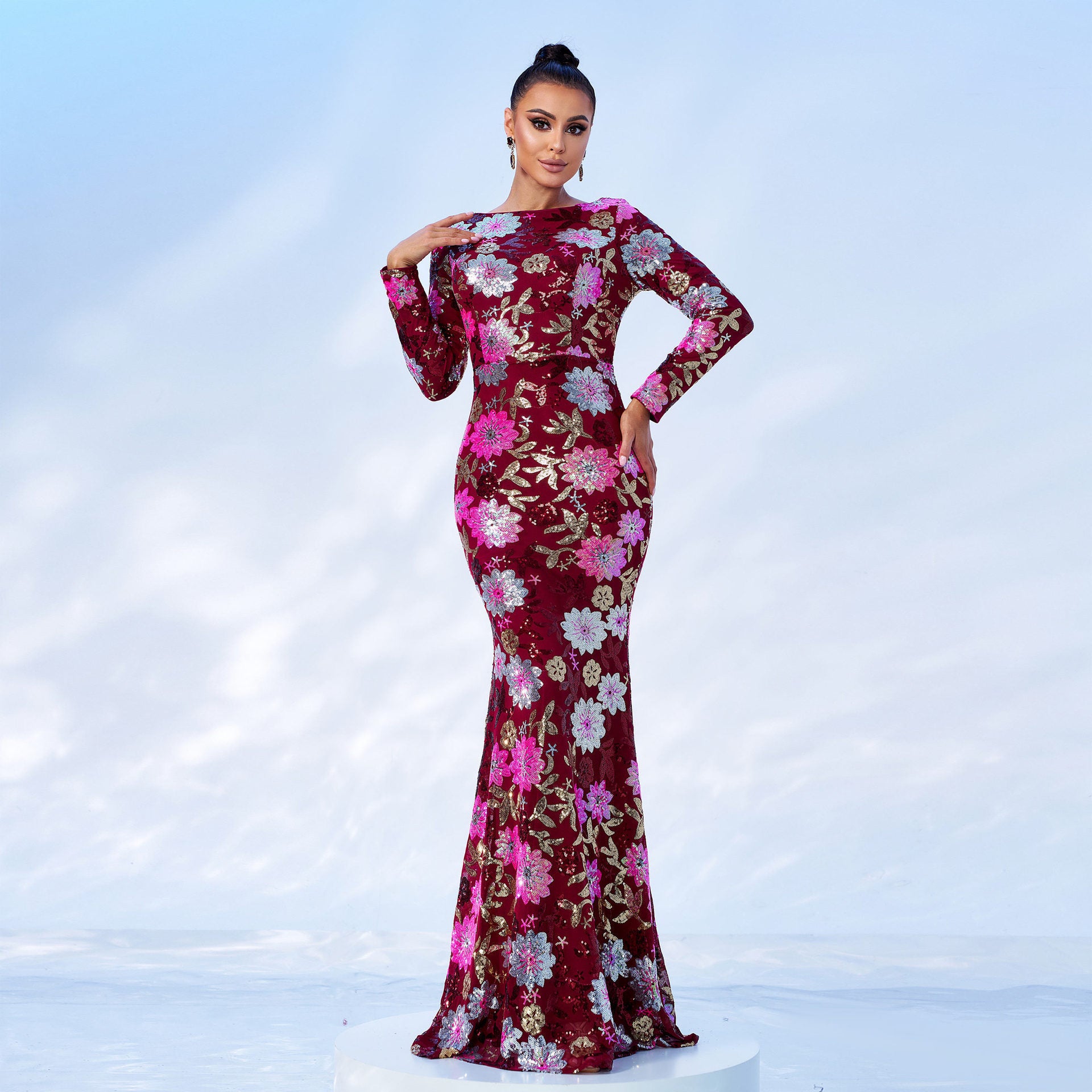 Evening Gown Long Sleeve Temperament Crew Neck Long Sequined Banquet Bridesmaid Dress - kinko