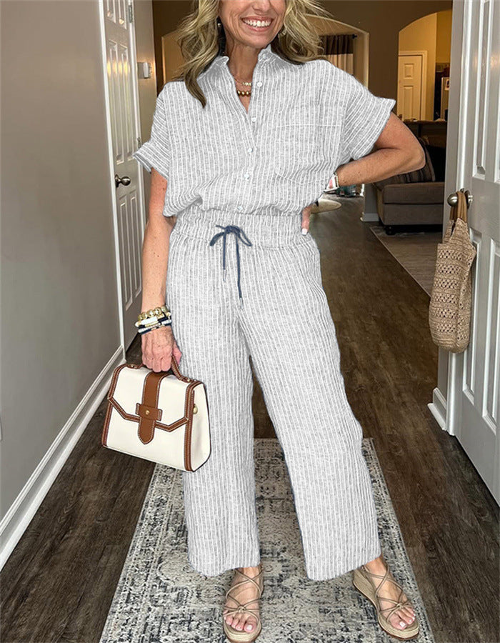 Women's Striped Suit Lapel Short Sleeve Straight Idle Style Trousers - kinko
