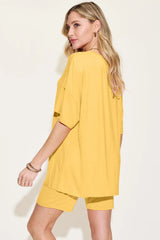 Basic Bae Bamboo Full Size V-Neck Drop Shoulder T-Shirt and Shorts Set - kinko