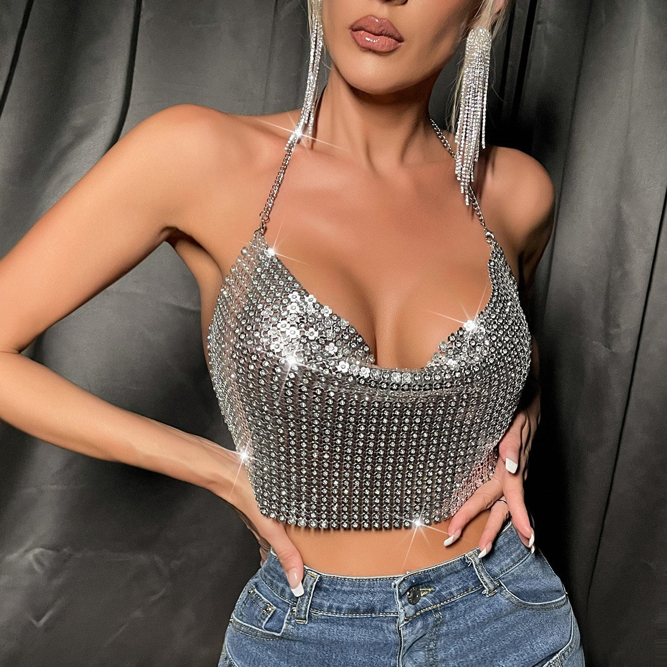 Metal Sequins Sling Party Nightclub Music Festival Sexy Hot Girl Top - kinko