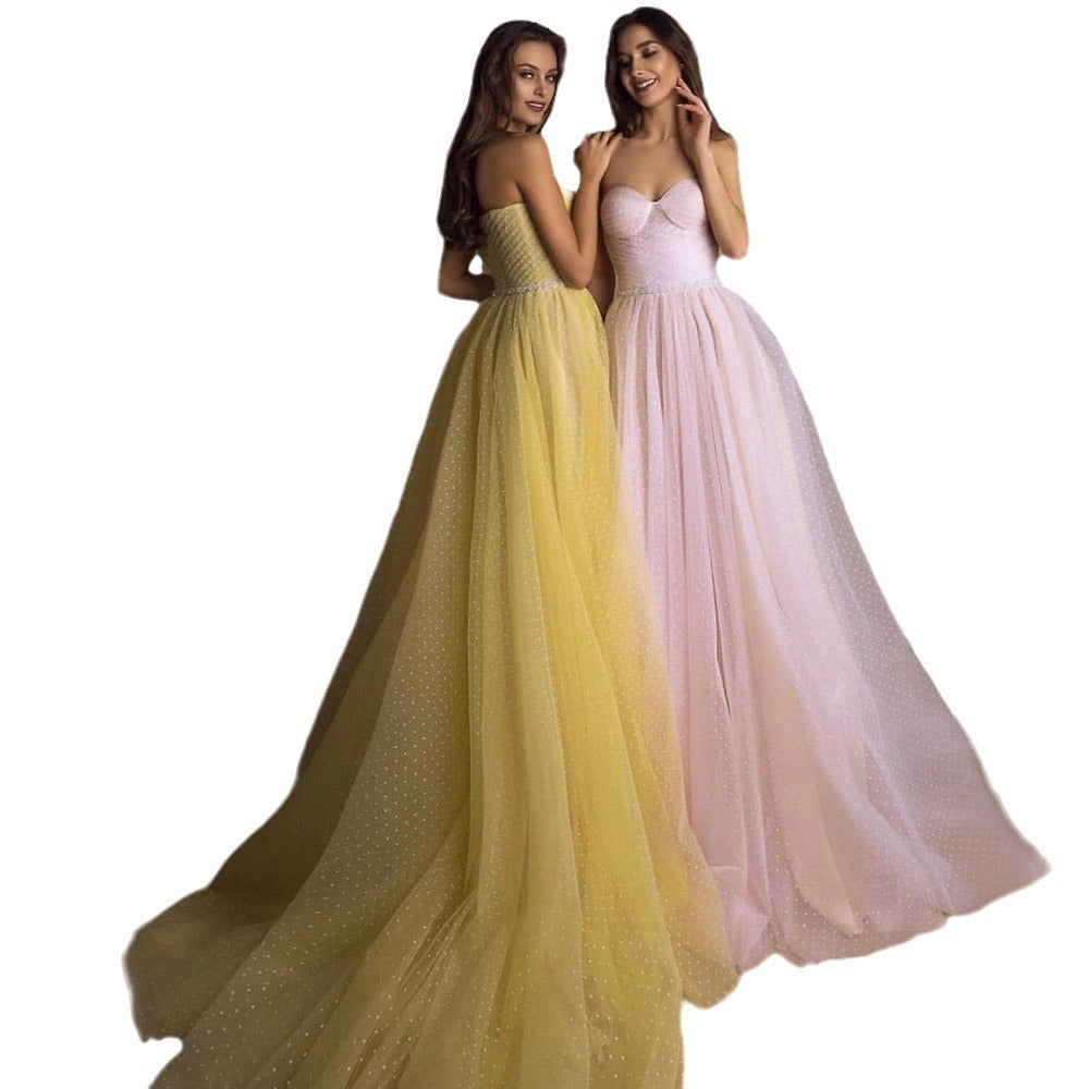 Evening Gown Tube Top Retro Lantern Sleeve Light Yarn - kinko