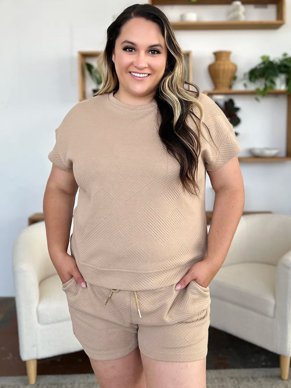 Double Take Full Size Texture Short Sleeve T-Shirt and Drawstring Shorts Set - kinko