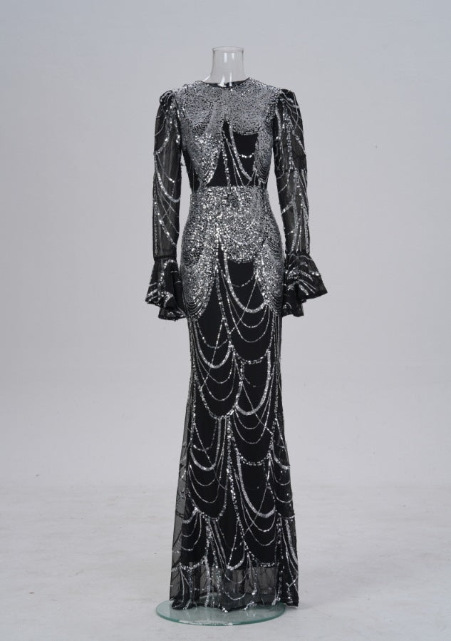 Long Sleeve Round Neck Slim-fit Sheath Sequined Banquet Fishtail Evening Dress - kinko