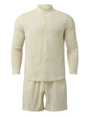 Men's Full Size Button Up Long Sleeve Shirt and Shorts Set Plus Size - kinko