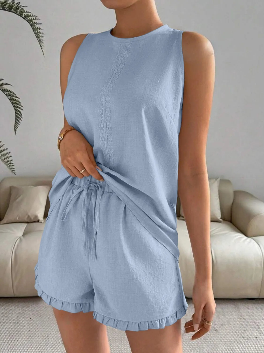 Lace Detail Round Neck Tank and Shorts Set - kinko