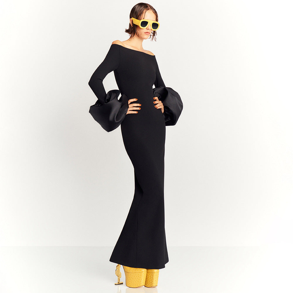 Dress Red And Black Slim-fit Long Sleeve French Lantern Sleeve Dress - kinko