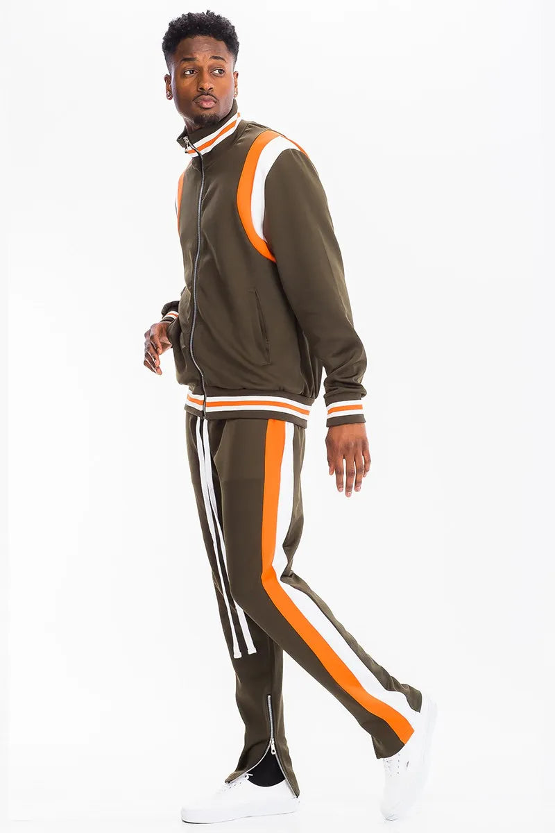 WEIV Men's Full Size Two Stripe Track Jacket and Pants Set Plus Size - kinko