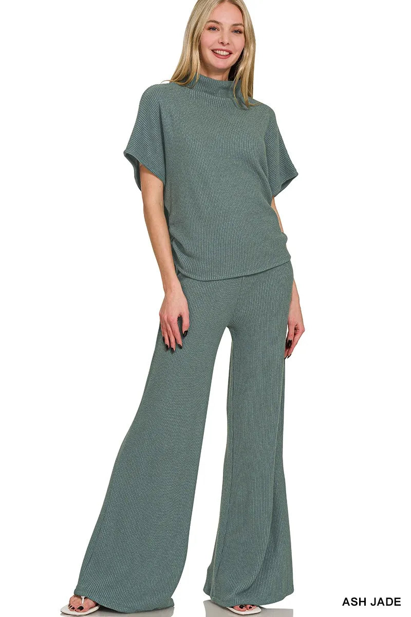 Zenana Mock Neck Top and Pants Sweater Set - kinko