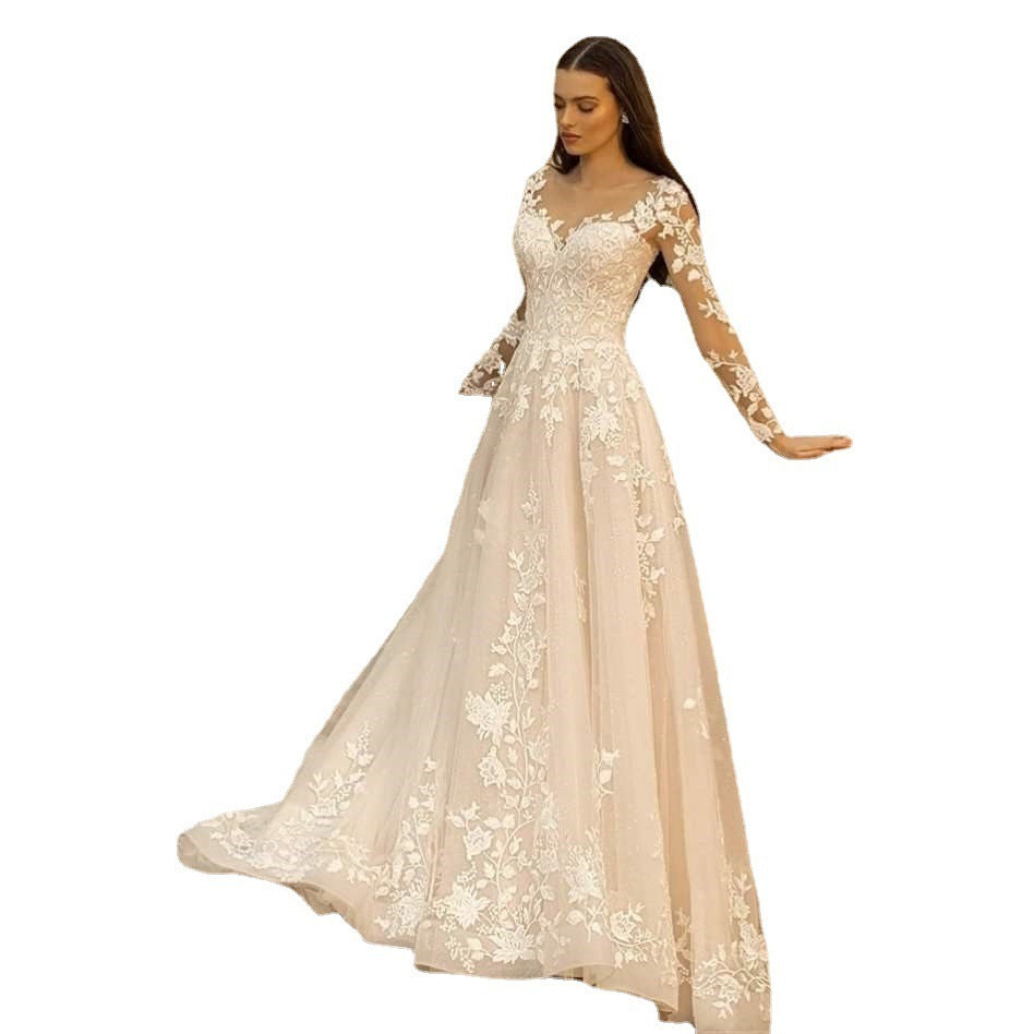 Long Sleeve Wedding Dress Mori Style Bridal Simple Round Neck - kinko