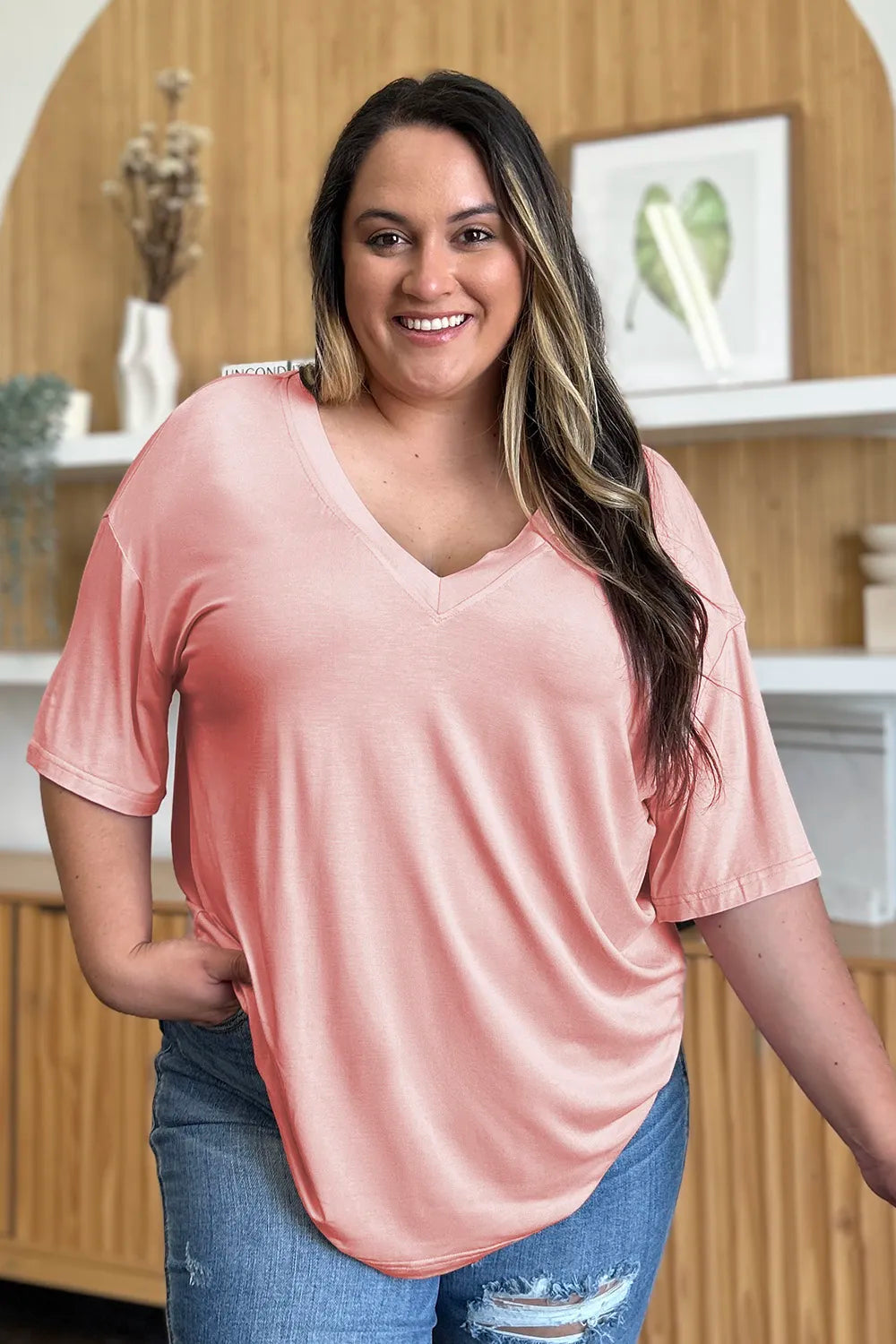 Basic Bae Full Size Bamboo V-Neck Drop Shoulder T-Shirt - kinko