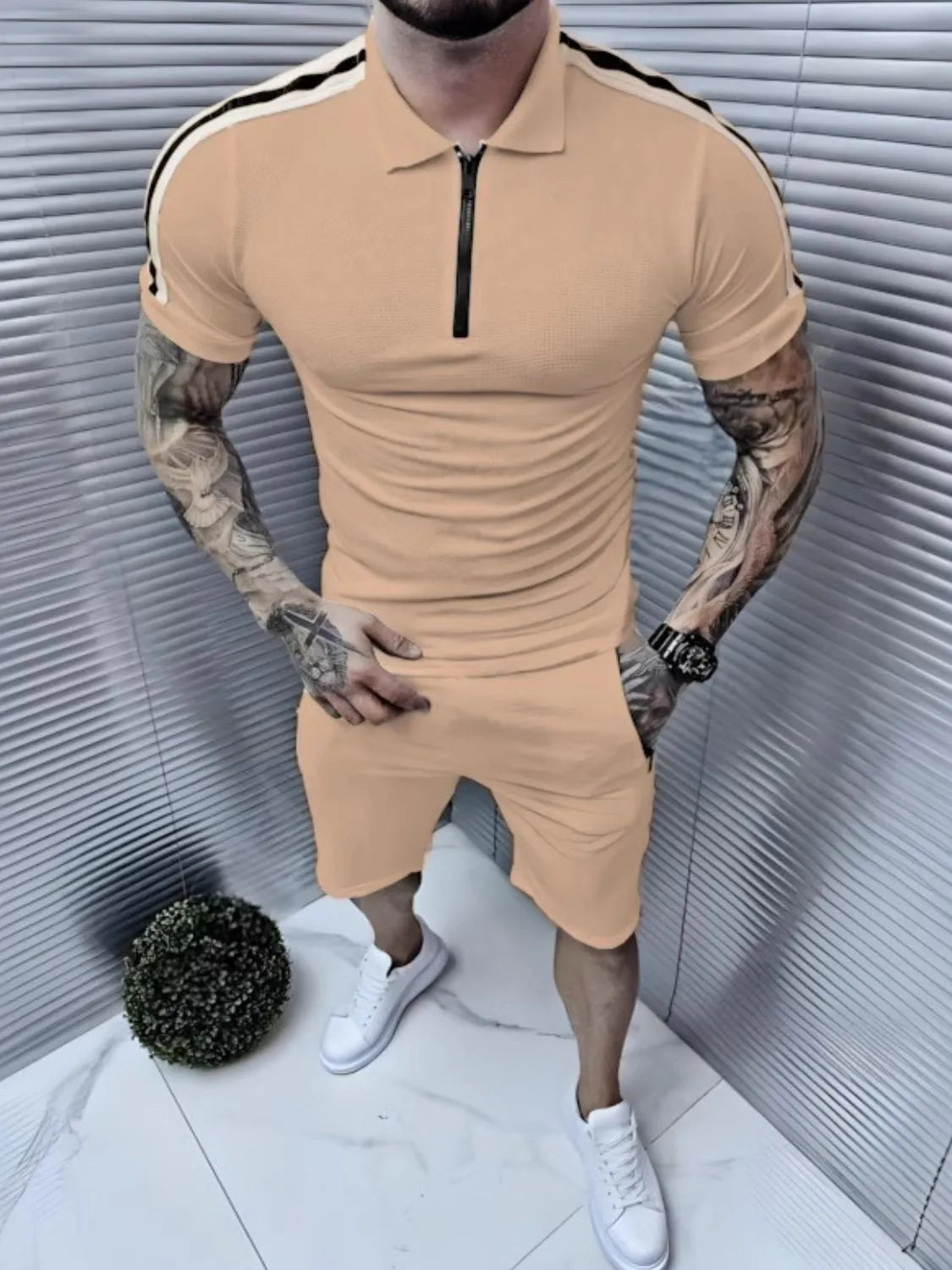 Men's Collared Neck Short Sleeve Top and Shorts Set - kinko