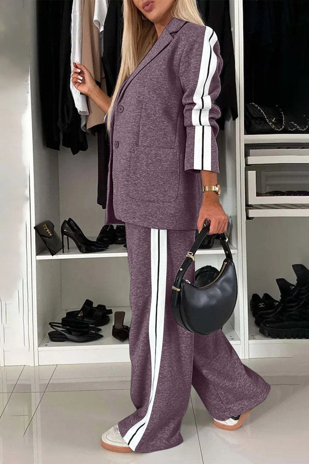 Full Size Contrast Lapel Collar Top and Pants Set - kinko