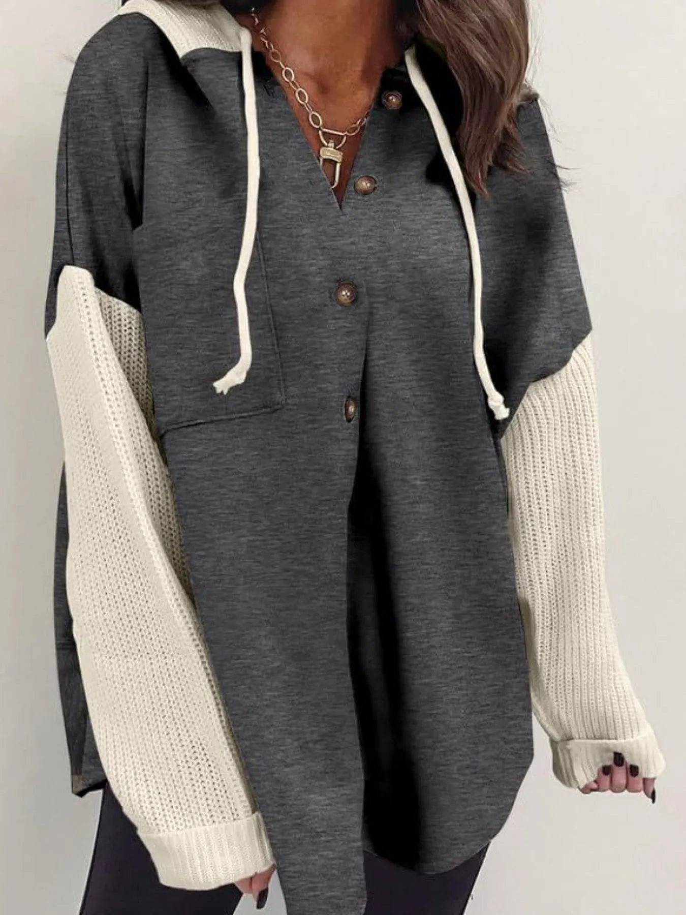 Drawstring Button Front Hoodie - kinko