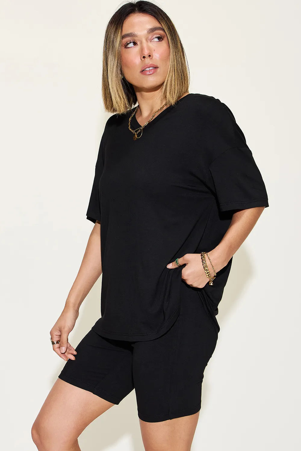 Basic Bae Full Size V-Neck Drop Shoulder T-Shirt and Shorts Set - kinko