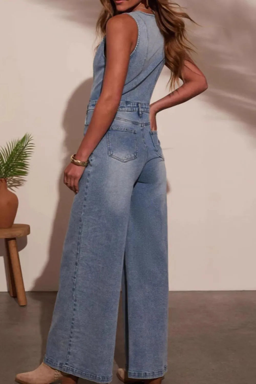 V-neck Wide Leg Denim Jumpsuit - kinko
