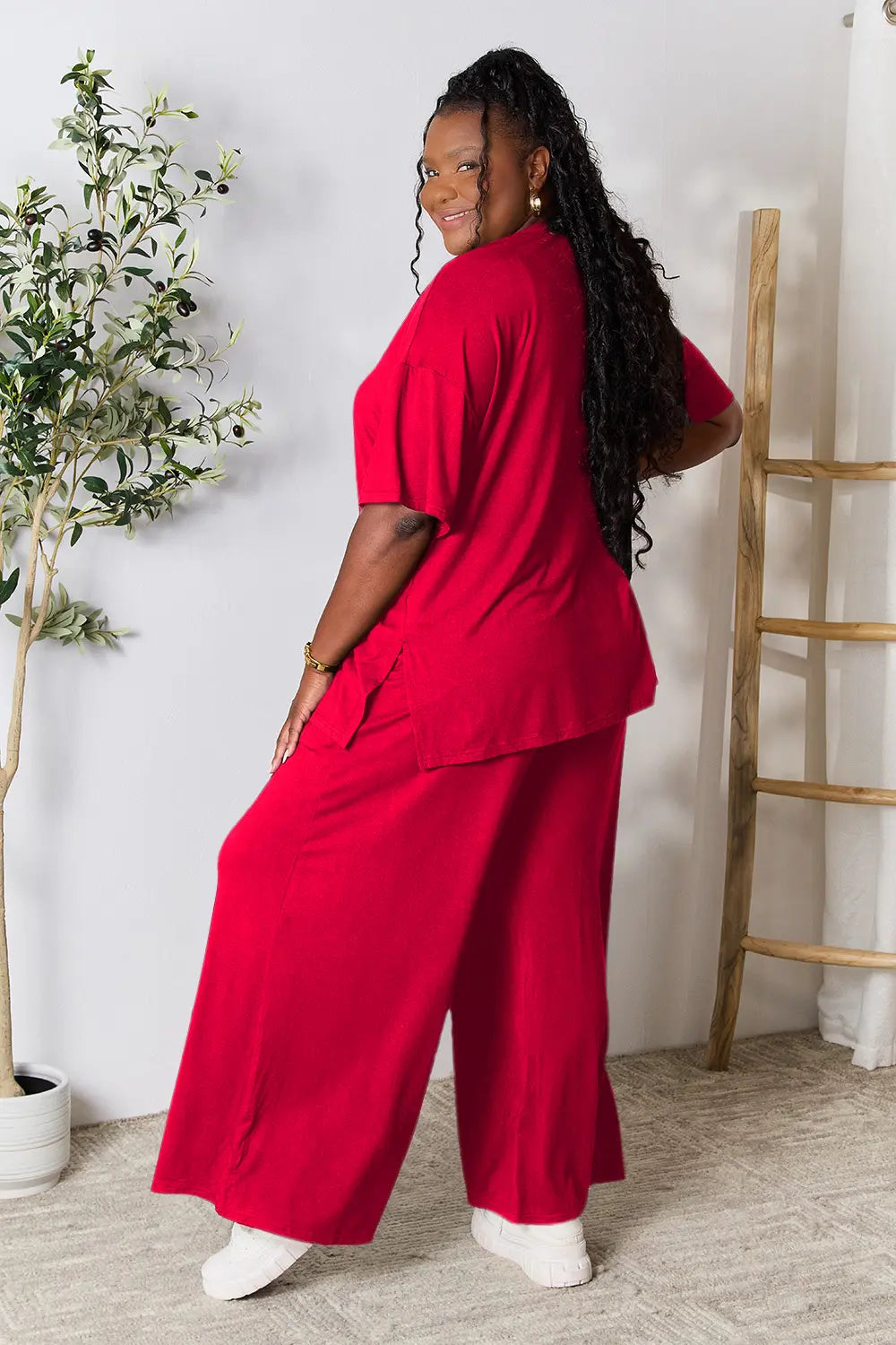 Double Take Full Size Round Neck Slit Top and Pants Set - kinko