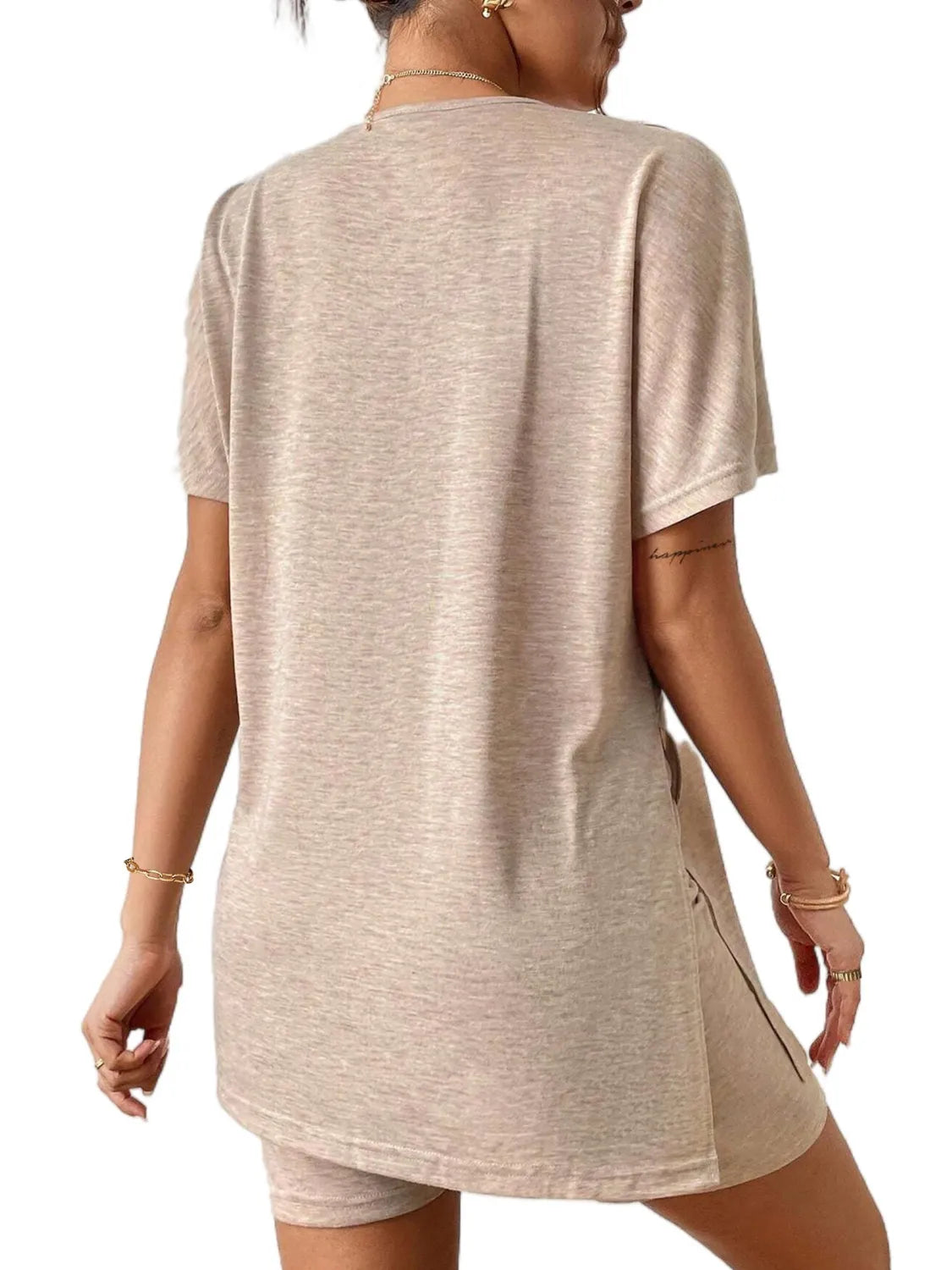 Slit Round Neck Short Sleeve Oversized Top and Shorts Set - kinko
