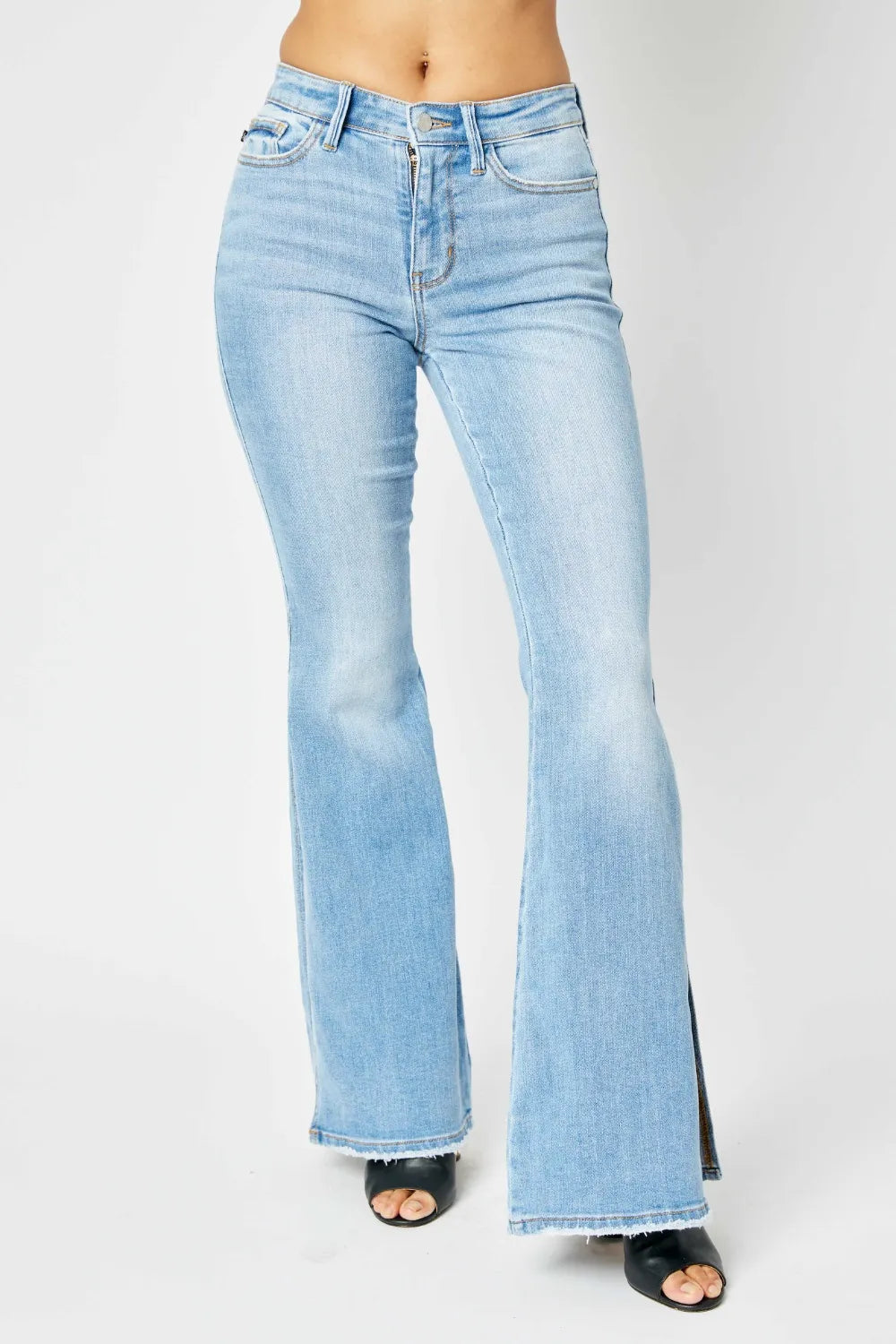 Judy Blue Full Size Mid Rise Raw Hem Slit Flare Jeans - kinko