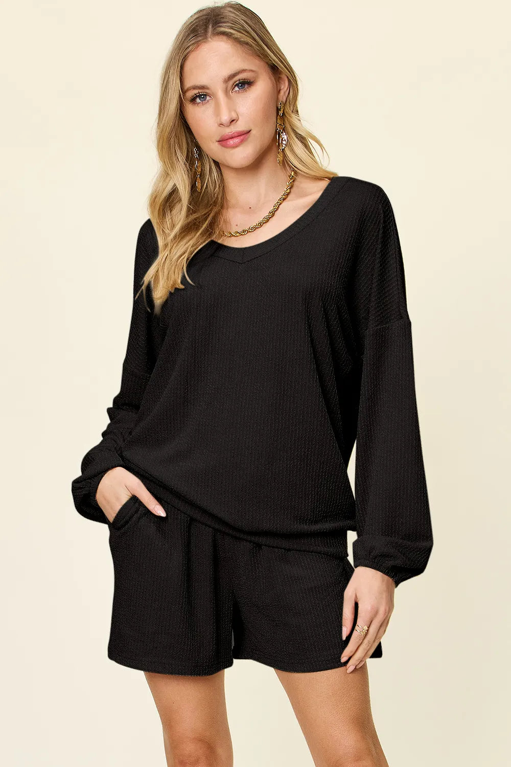 Double Take Full Size Texture V-Neck Long Sleeve T-Shirt and Shorts Set - kinko
