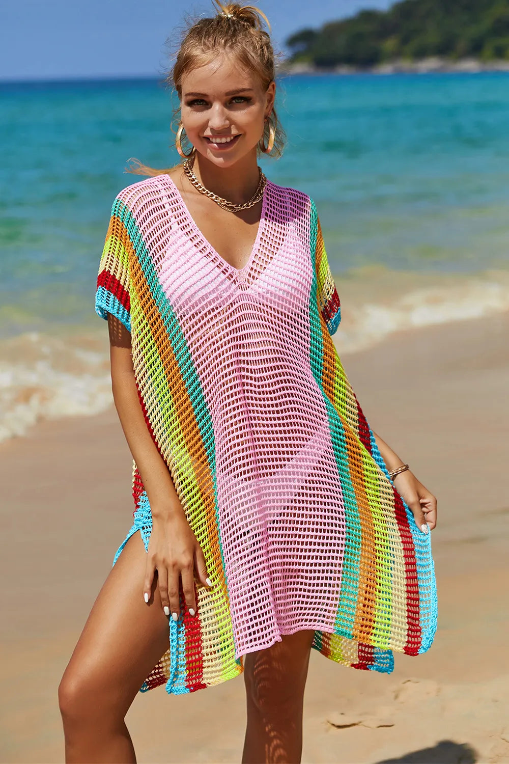 Angel Wings Openwork Striped Slit Knit Cover Up - kinko