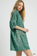 Umgee Metallic Leopard Print V-Neck Kimono Dress - kinko