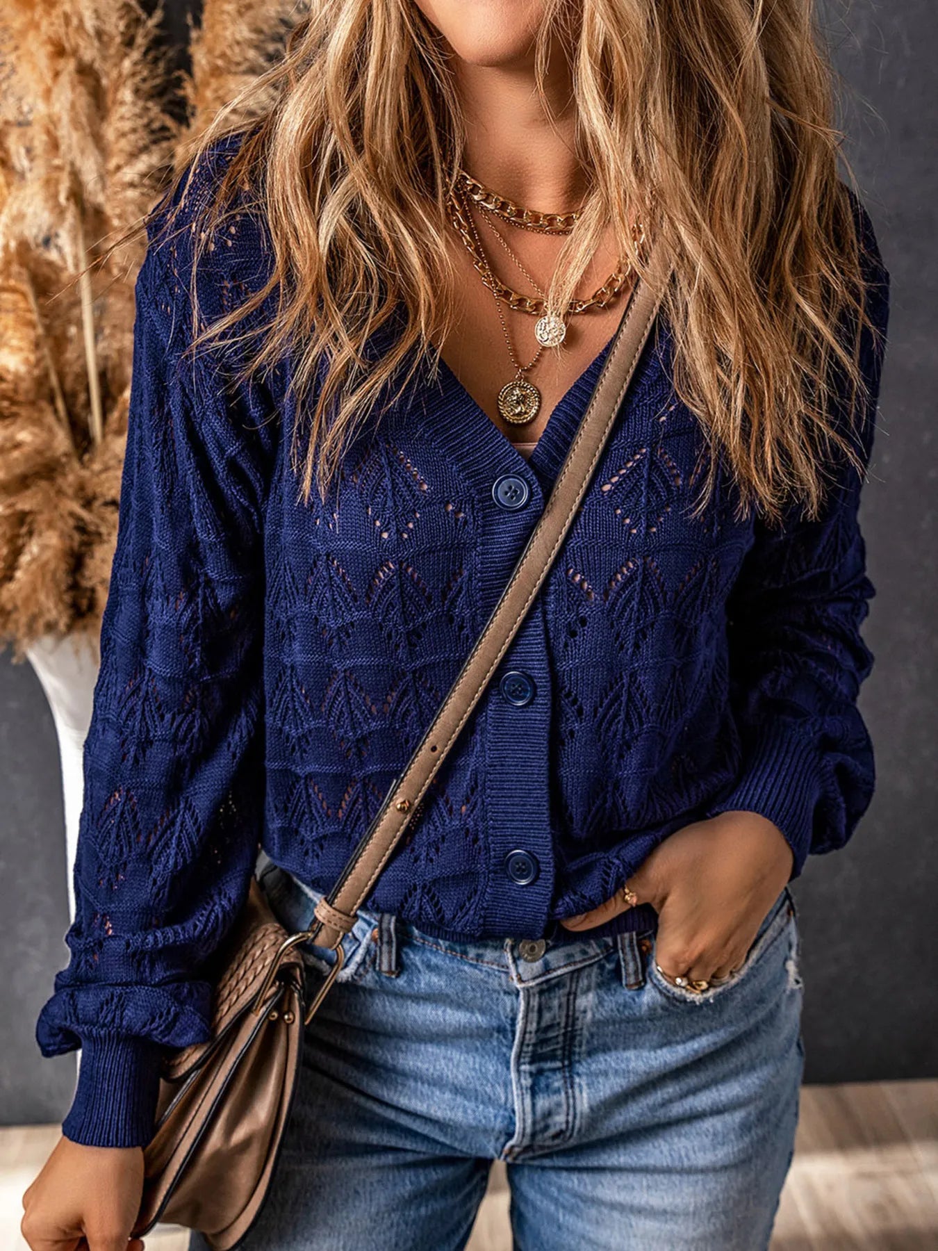 Buttoned Front Openwork Cardigan - kinko