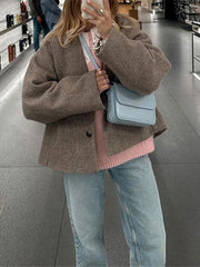 V-neck Long Sleeve Button Short Coat Fall Winter Fashion Women Commute Leisure