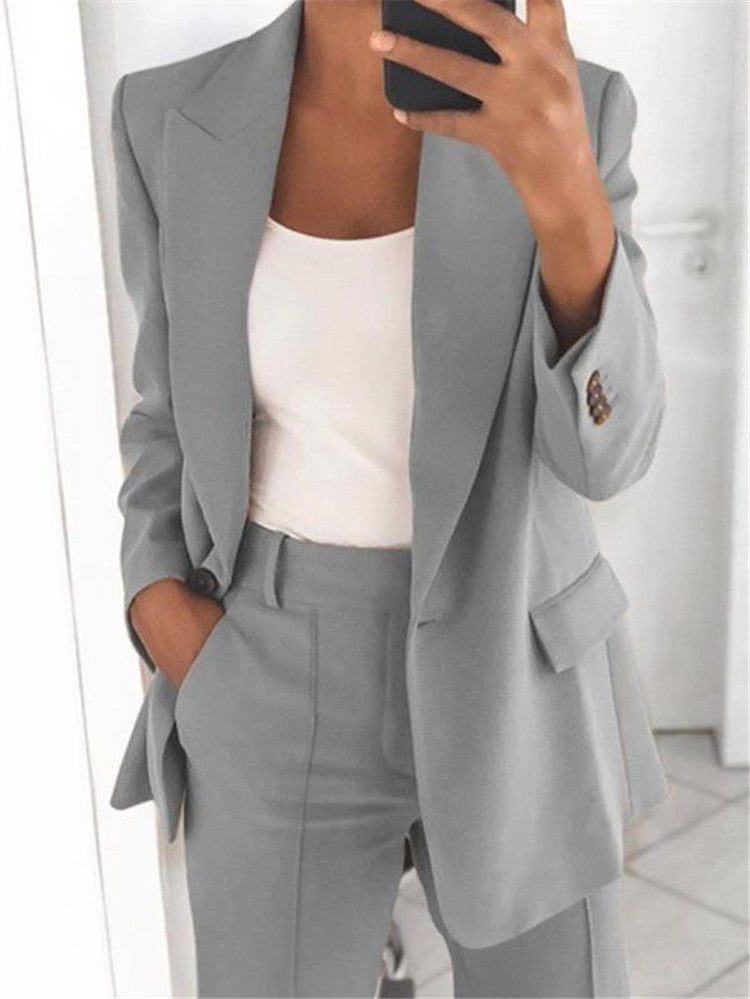 Ins Button Casual Suit Fashion Long-sleeved Lapel Blazer Jacket And Slim-fit Pocket Trousers For Women Clothing - kinko