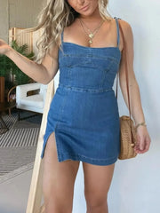 Full Size Slit Square Neck Denim Dress Plus Size - kinko