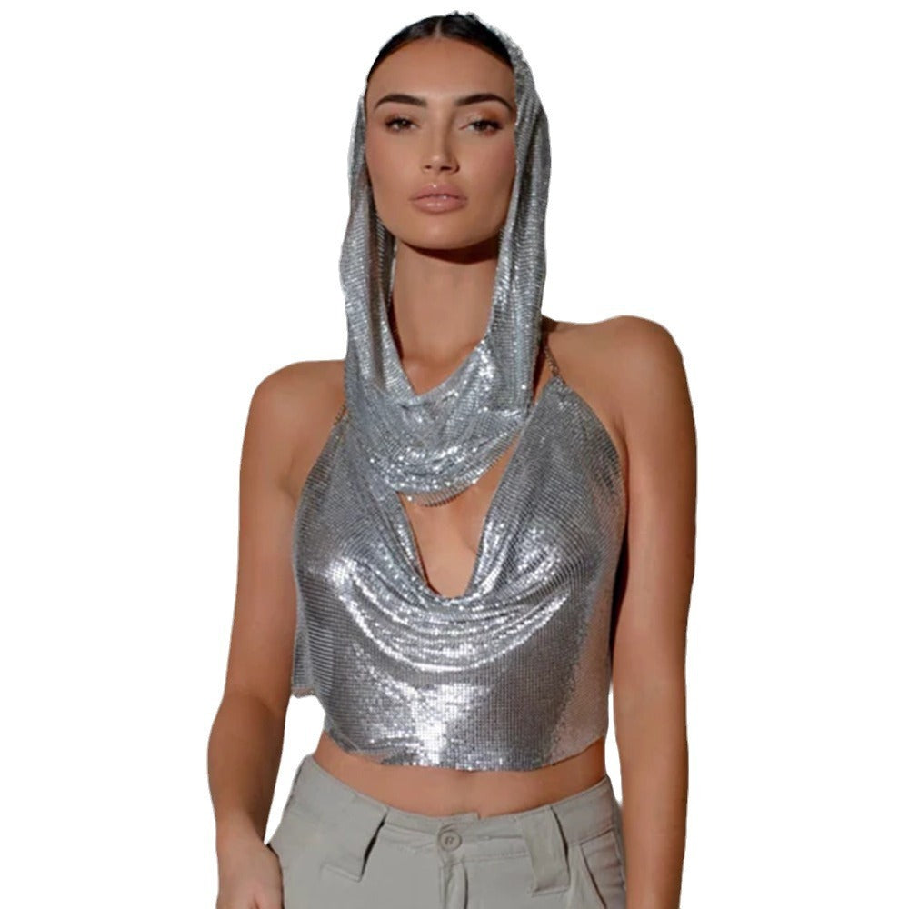 Back Slit Metal Sequins Top Scarf Two-piece Set - kinko