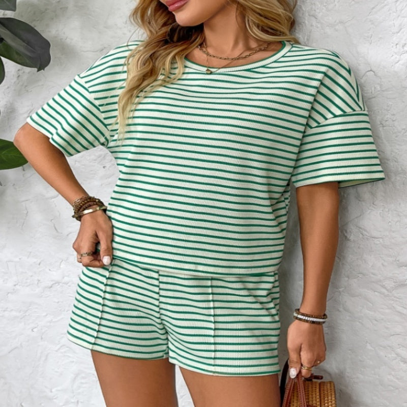 Women's Knitted Striped Fashion Casual Shorts Sports Suit - kinko