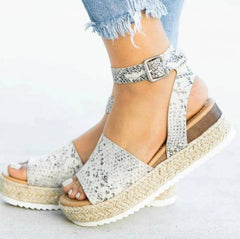 plus Size Summer Platform Heel Buckle Sandals Women Leopard Print Hemp Rope Woven Wedge - kinko Global Holdings inc