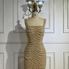 Nude Elegant Sling Light Luxury High-end Pearl Beaded Dress - kinko