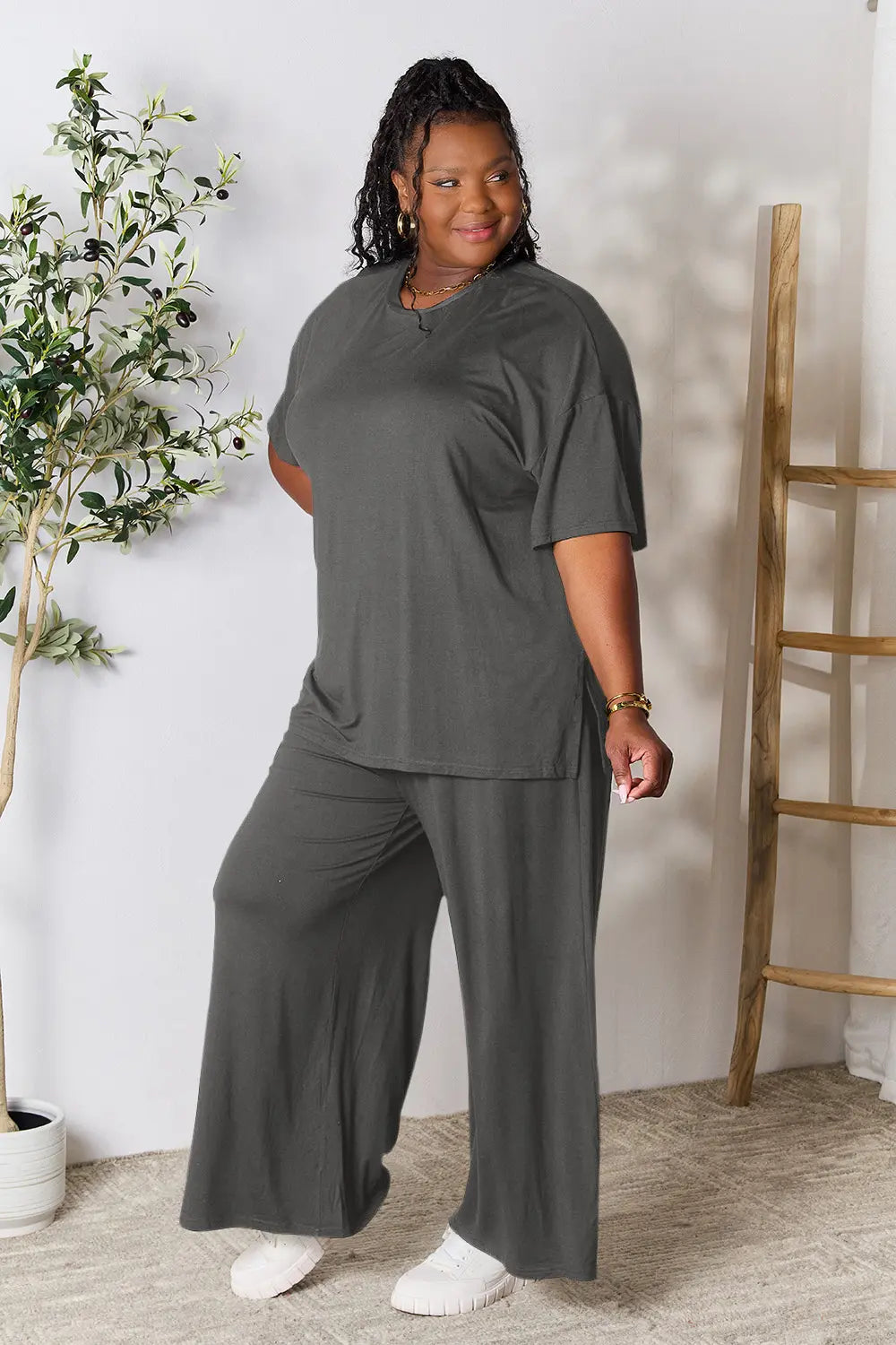 Double Take Full Size Round Neck Slit Top and Pants Set - kinko