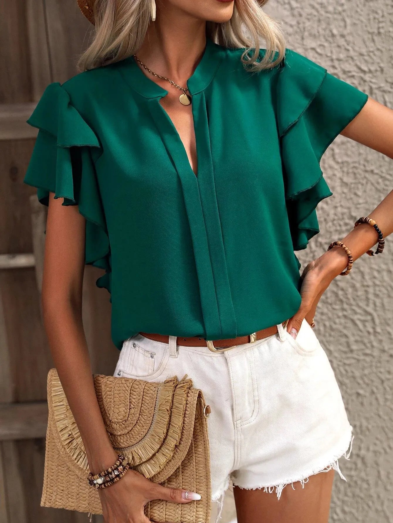 Ruffle Sleeve Notched Blouse - kinko