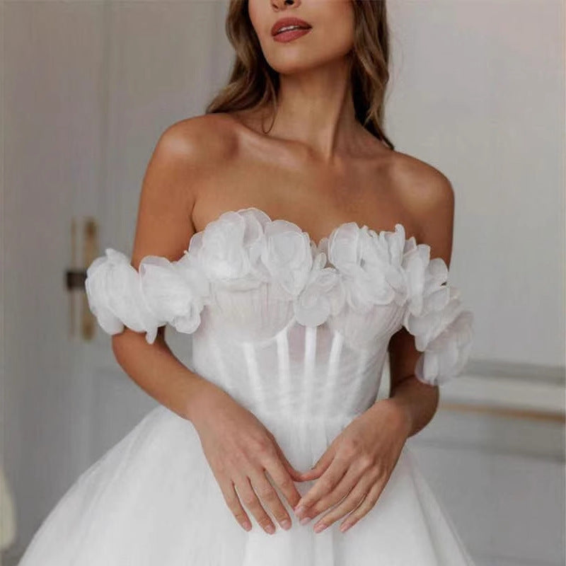 Lace Off-shoulder Mini Wedding Dress - kinko