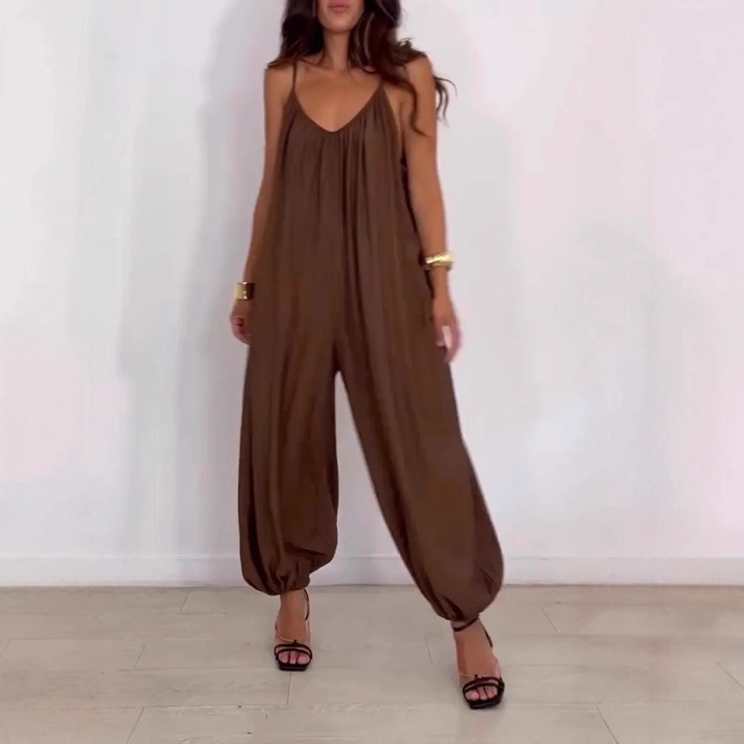 Loose Casual Solid Color Hollow-out Camisole Women's Jumpsuit - kinko