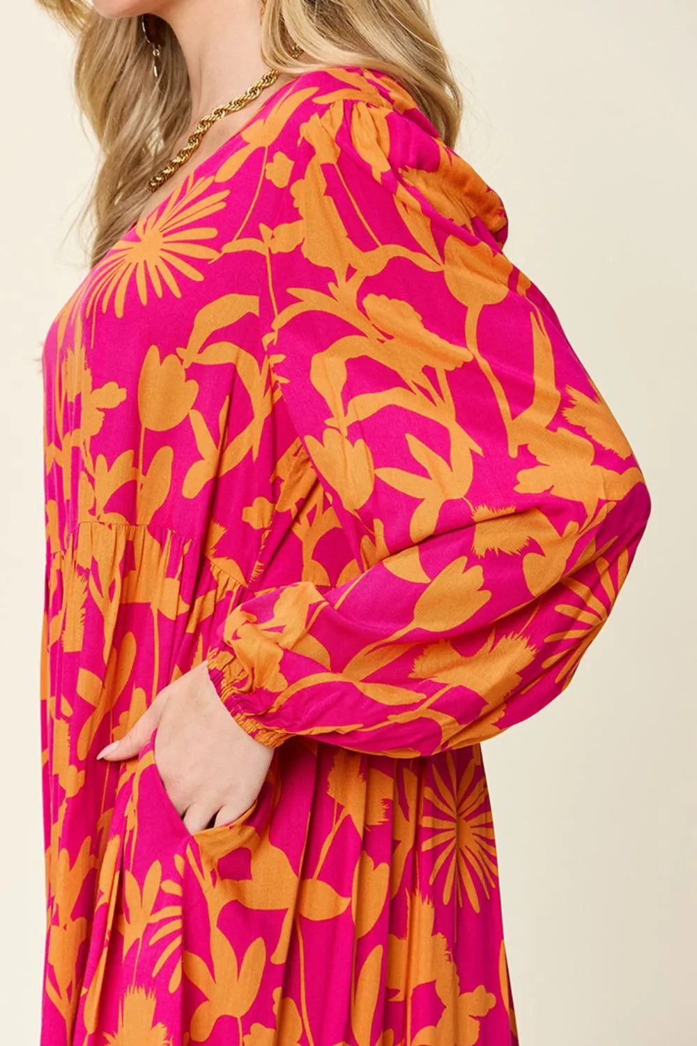 Double Take Full Size Printed Ruffle Hem Dress with Pocket - kinko