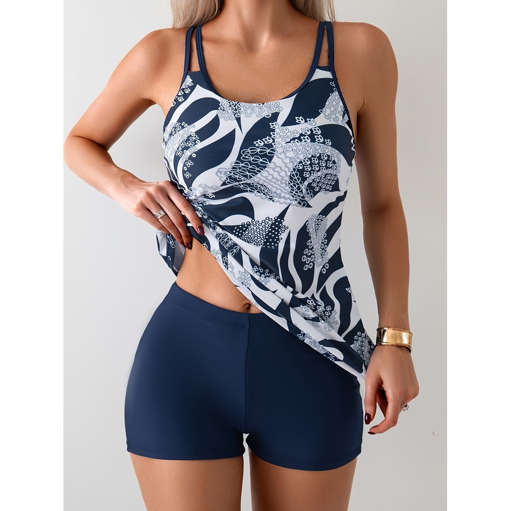 European And American New Women's Slim Fit Printed Boxer Shorts Two-piece Swimsuit Set - kinko