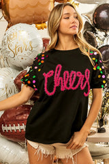 BiBi Metallic Letter Spangle Raglan Puff Sleeve Top - kinko