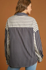 Black Stripe 2-tone Patchwork Half Buttons Chest Pockets Casual Blouse - kinko