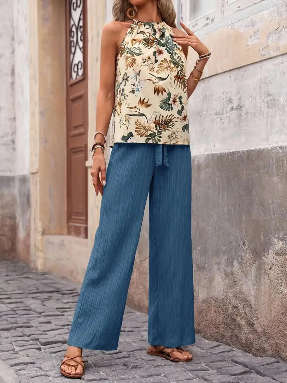 Printed Tank Top and Wide Leg Pants Set - kinko