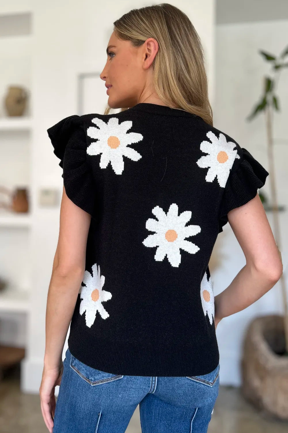 Double Take Full Size Ruffled Flower Round Neck Cap Sleeve Sweater - kinko