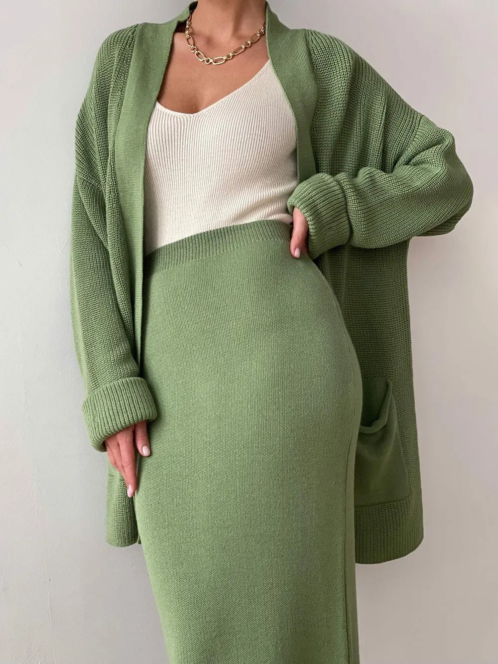 Pocketed Long Sleeve Cardigan and Skirt Sweater Set - kinko
