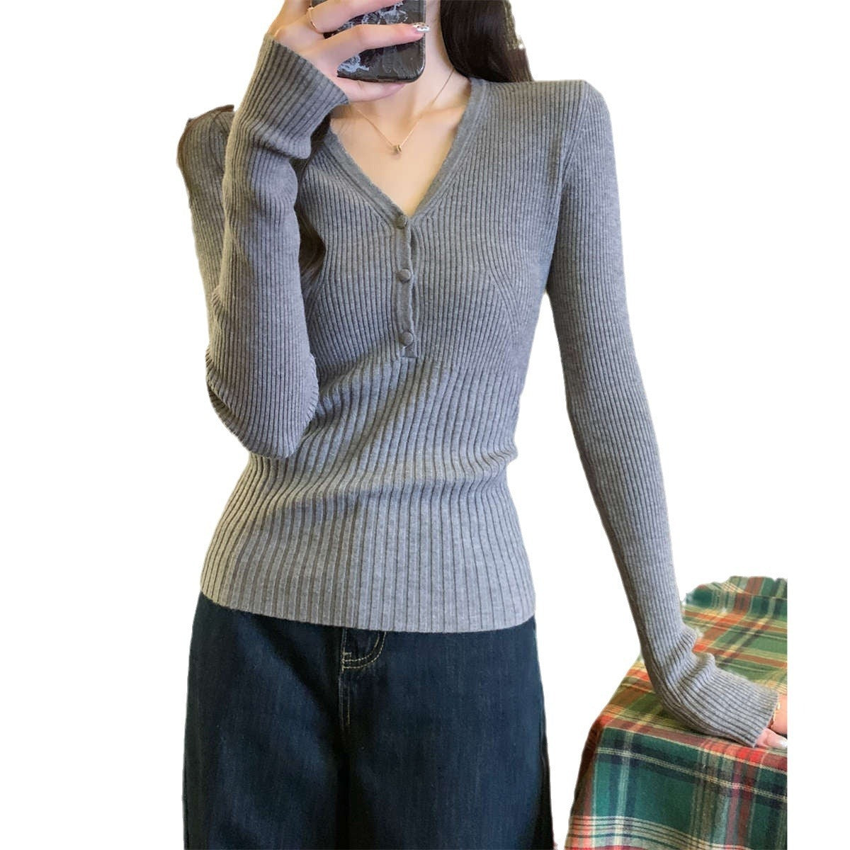 Waist-tight Slimming V-neckline Long-sleeved Women's Temperament Commute Pure Sweater - kinko